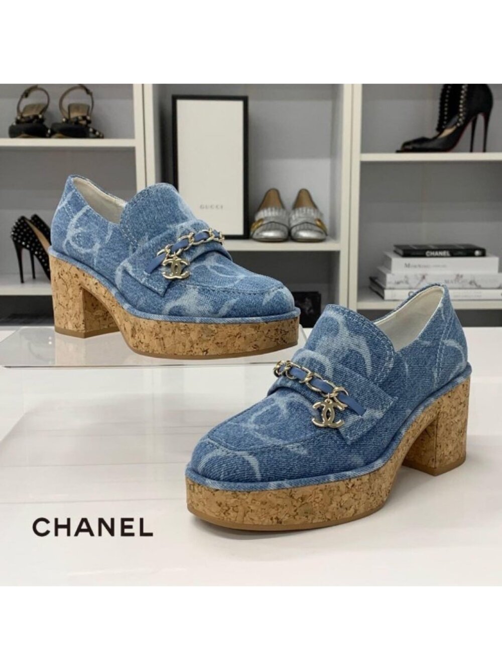 Chanel CC Logo Chain Denim Thick Bottom Cork Loafers Blue